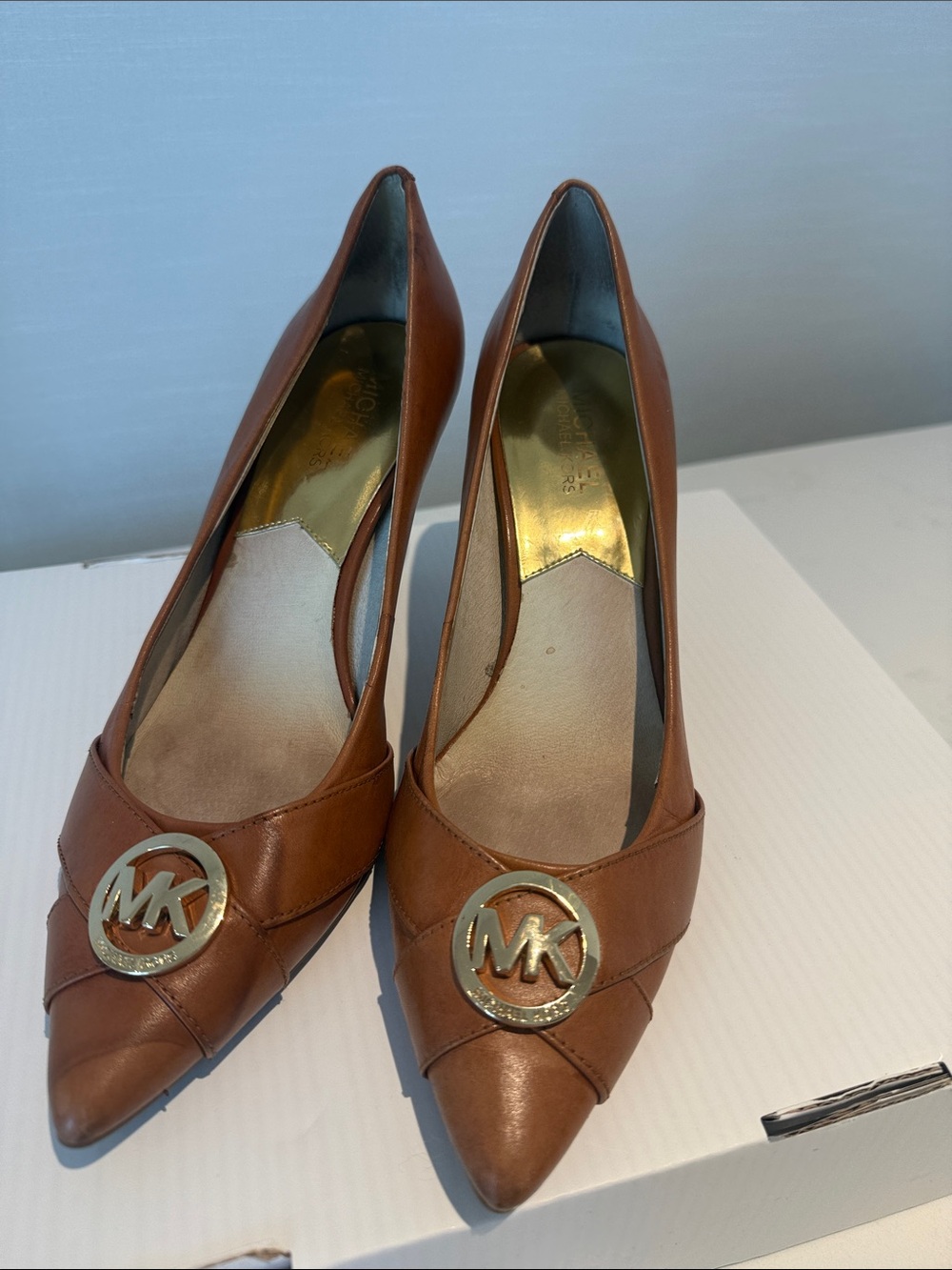 Michael Kors Tan Leather Pointed Toe Heels with Gold MK Emblem